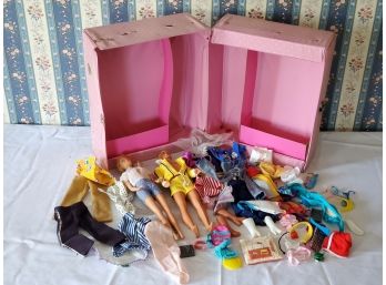 Vintage 1966 Original Barbie And Ken Dolls - 1986 Pink Storage Case And Accessories