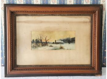 Antique 1892 Signed Framed Antique Watercolor Farmhouse In Winter Scene