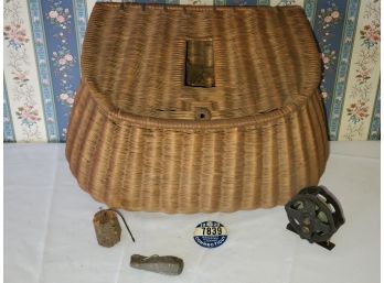 Fantastic Antique Wicker Fly Fishing Creel, 1929 Hunting License Pinback, Fly Reel And More