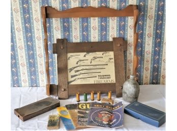 Gun Enthusiast Vintage Assortment-Smith & Wesson Box, Wood Rifle Rack, Canteen And More