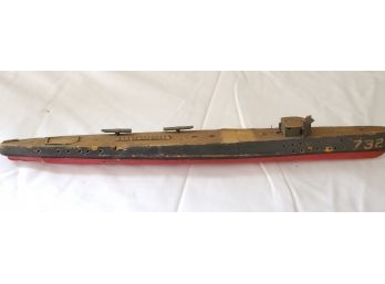 Antique WWI Painted Wood Military Battleship Boat Model