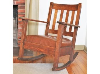 Stunning Vintage Mission Style Oak Rocking Chair With Faux Leather Seat Cushion