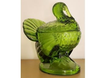 Vintage Mid Century Modern Green Glass Two Piece Turkey Candy Dish