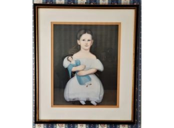 Professionally Framed & Matted Reproduction Primitive Folk Art Wall Art Print - Girl In Blue Dress