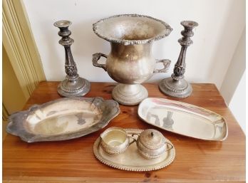 Vintage Silver Plate Assortment - Champagne Bucket, Trays, Sugar & Creamer & Weighted Candlestick Holders