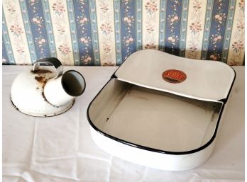 Duo Of Vintage White Enamelware Hospital Urinal & Bed Pan