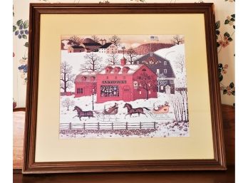 Vintage Professionally Framed Charles Wysocki Horse Drawn Sleigh & Antiques Shop Winter Village Scene