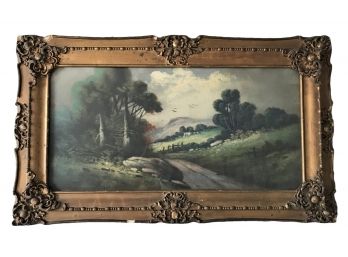 Antique Ornately Framed Landscape Lithograph Of Dirt Road, Hillside, Trees