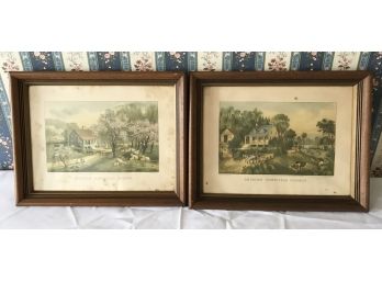 Vintage Currier & Ives American Homestead Spring And Summer Framed Lithographs