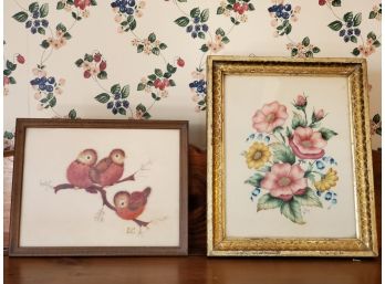 Two Vintage Paint On Velvet Floral & Bird Wall Art - By Judith Migliaro