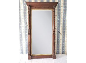 Antique 1800s Carved Wood Tall Wall Mirror Featuring Rounded Burled Wood Columns