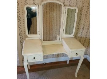 Vintage Wood Off White Painted Vanity Table With Attached Tri Mirror