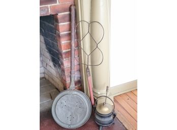 Antique Copper Coal Bed Warmer, Wire Rug Beater & Cast Iron & Brass Firestarter Bucket