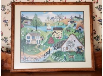 1985 Linda Nelson Stocks Signed Numbered 1134 / 1500 Print Folk Art Primitive Village Scene