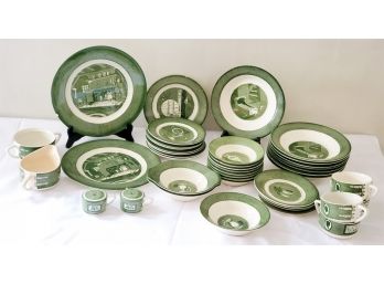 Vintage Royal Ironstone 'Colonial Homestead' Green Transferware Dinnerware Assortment