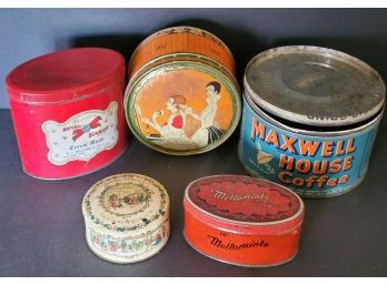 Antique & Vintage Tins - Maxwell House, Mellomints, Royal Scarlett, Three Flowers, Bond Street