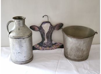 Vintage Milk Bucket, Milk Can & Cute Wood Cow Hanger