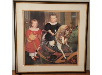 Professionally Framed Reproduction Primitive Folk Art Wall Art - Children On Rocking Horse