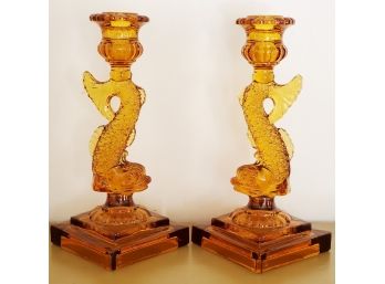 Pair Of Beautiful Amber Glass Koi Fish Tall Candlestick Holders