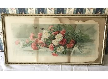 Antique Paul De Longpre Framed Reproduction Lithograph Pink And White Carnations On Table