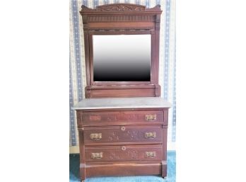 Antique Marble Topped Dresser With Beveled Mirror