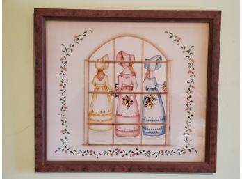 Vintage Signed Paint On Velvet By JC Migliaro 1983 - Three Country Ladies In Bonnets