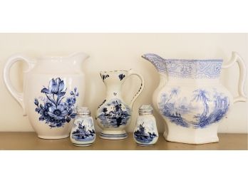 Collection Of Blue Transferware Including Matching Delft Creamer, Salt & Pepper, And Vintage Pitcher