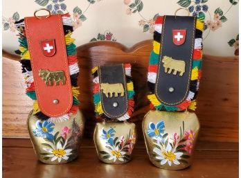 Trio Of Swedish Cow, Goat Painted Brass Bells On Leather Decorative Straps