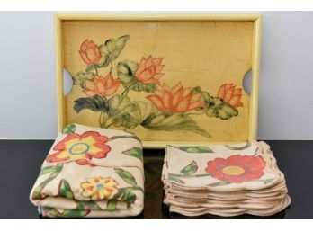 Colorful Floral Tablecloth With Twelve Matching Napkins And Tray