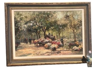 Framed Oil Painting Of People Strolling In A Lush Garden With A Floral Cart