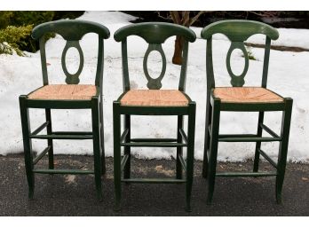 Set Of Three Green Wood Counter Height Stools With Rush Seats