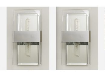 Set Of Two Brushed Chrome Glass Mirrored Back Wall Sconces