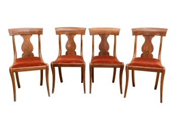 Set Of Four Wood Dining Chairs With Velvet Upholstered Seat Cushions