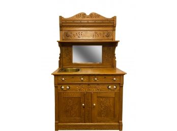 Antique Tiger Oak Dry Bar & Mirror Retrofit With Brass Sink