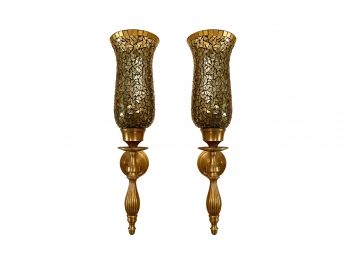 Pair Of Wall Candle Sconces With Colored Mosaic Mirror Shades