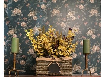 3pc Decor Set - Rush Basket With Dried Eucalyptus And Other Flowers Flanked By 2 Brass & Copper Candle Sticks