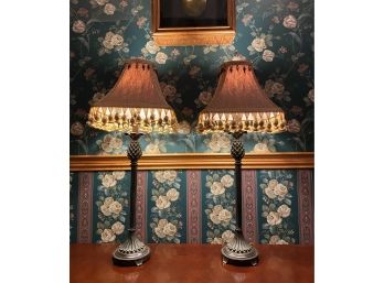 Pair Oil Rubbed Bronze Finish Tropical Inspired Lamps With Fringed Shades