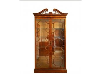 Breakfront China Cabinet - Scroll Top Dentil Moulding With Ornate Wooden Framed Door Details - Interior Lights