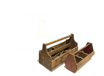 Original Handmade Solid, Heavy & Formitable Dowel Handled Journeyman Toolboxes With Assorted Contents