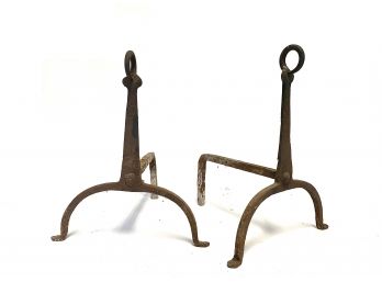 Antique - Early American Hand Wrought Cast Iron Primitive Andirons