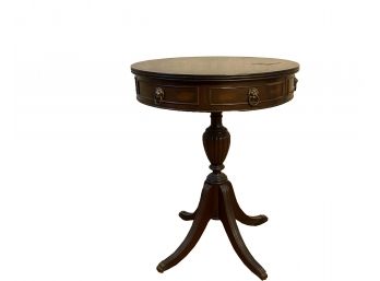 Antique - Mahogany Single Drawer Drum Table With Brass Lion Head Accents