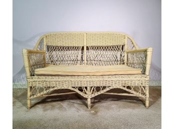 Vintage Painted Wicker Love Seat With Canvas Cushion