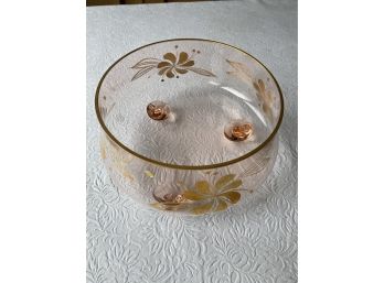 Vintage Blown Glass Footed Bowl With Gold Floral Accents