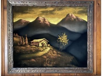 Vintage Framed Black Velvet Mountain Landscape Painting