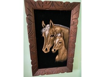 Vintage Framed Black Velvet Horse Painting