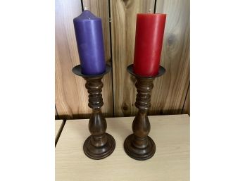 A Pair Of Vintage Mid Century Modern Wood Pillar Candle Holders