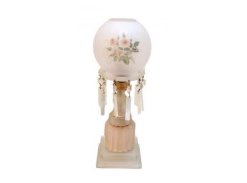 Vintage Frosted Crystal Lamp With Hand Painted Floral Glass Globe Shade