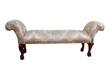 Fortunoff Upholstered Rolled Arm Carved Wood Bench With Ball And Claw Feet