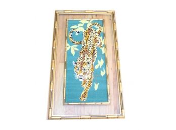 Needlepoint Picture Of A Cheetah In A Bamboo And Glass Frame