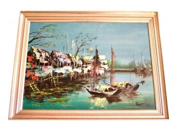 Signed Robert Ln Framed Oil On Canvas Of A Sailboat Water Scene